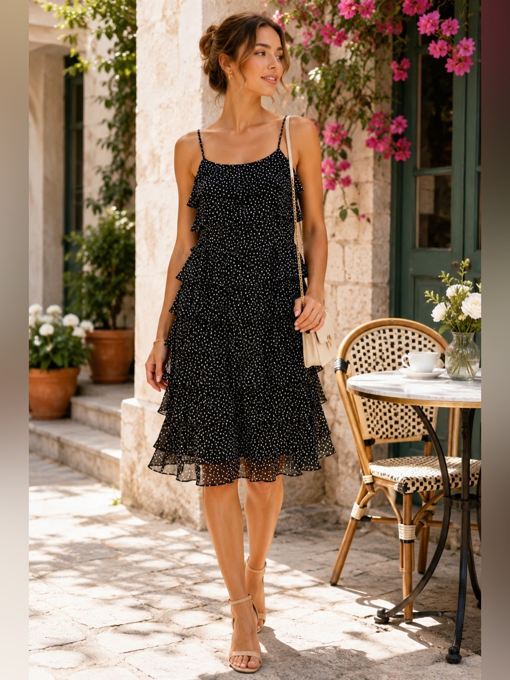 Talbots Petites 100% Silk Black White Polka Dot Tiered Ruffle Dress Size 8P